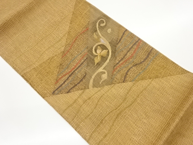 JAPANESE FUKURO OBI FOR SUMMER / KIN-TOSHI / WOVEN FLOWER ARABESQUE